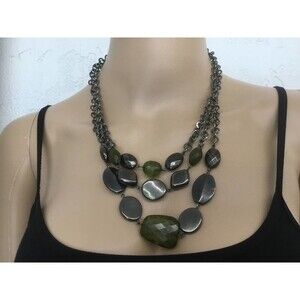 Multi Strand Green Grey Beaded Necklace